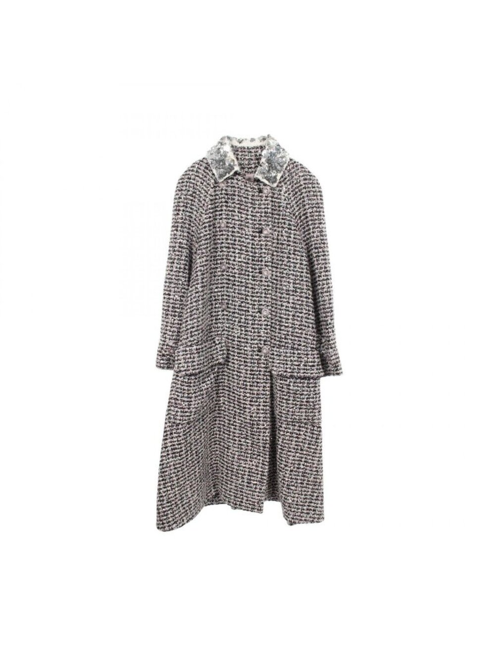 Chanel CC Logo Button Sequin Double Breasted Tweed Nylon Long Coat